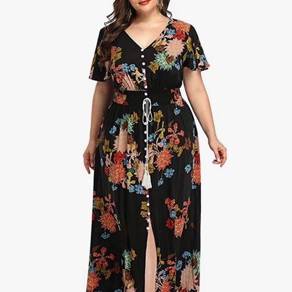 Women's Plus Size Boho Floral Print Button Up Short Sleeve Beach Maxi Dr… - Picture 4 of 4